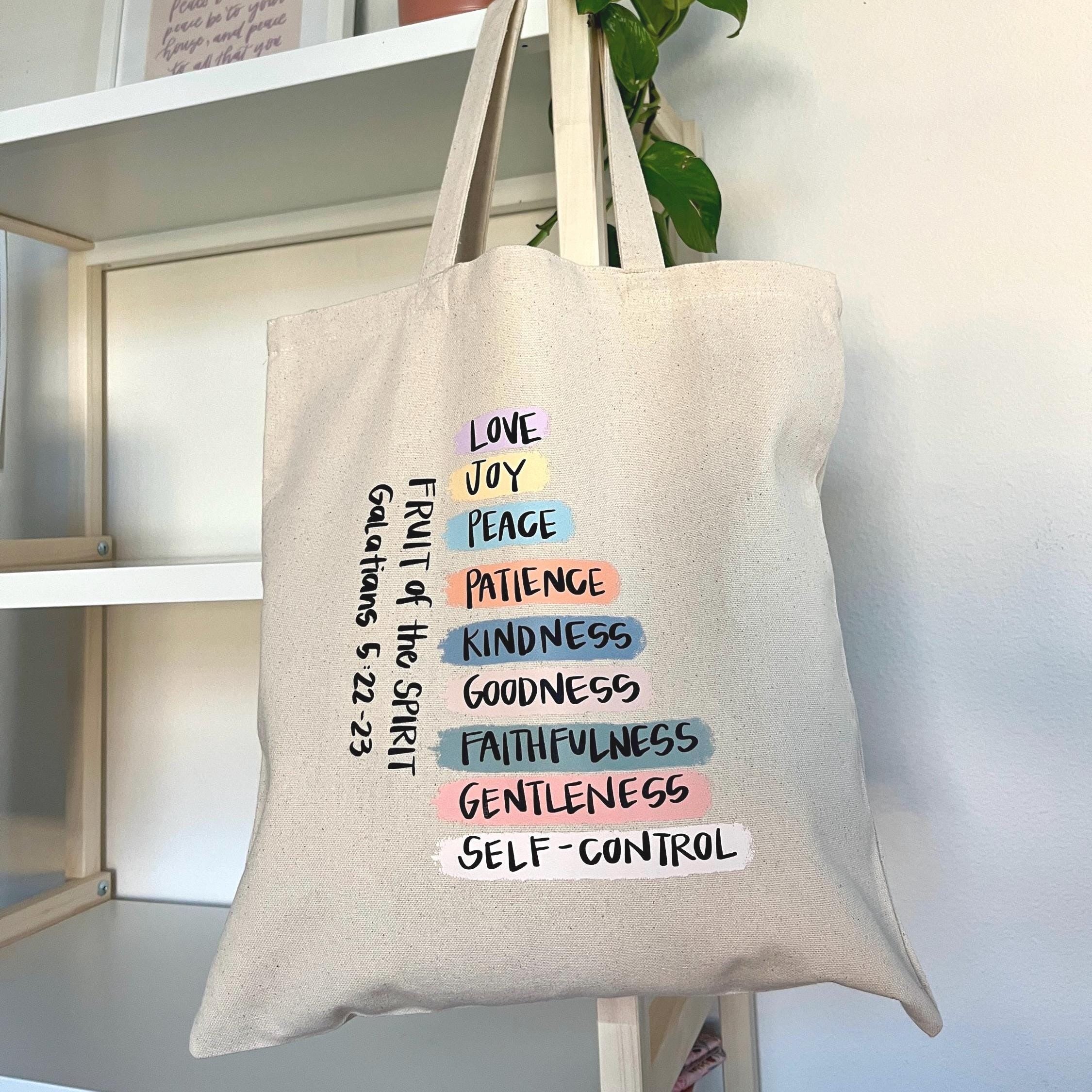 Fruits of the Spirit Christian Tote Bag – Canvas Bible Verse Bag – Faith-Based Gift for Women – Religious Accessories – Galatians 5:22-23